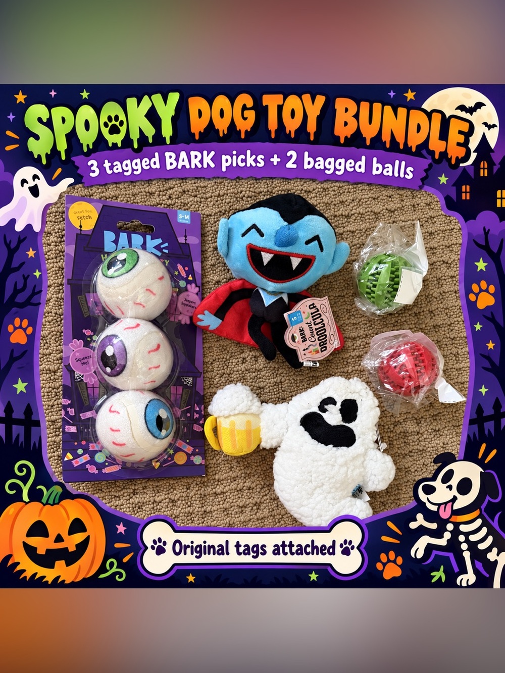 BARK Halloween 3 Dog Toys + 2 Treat Balls | New With Tags